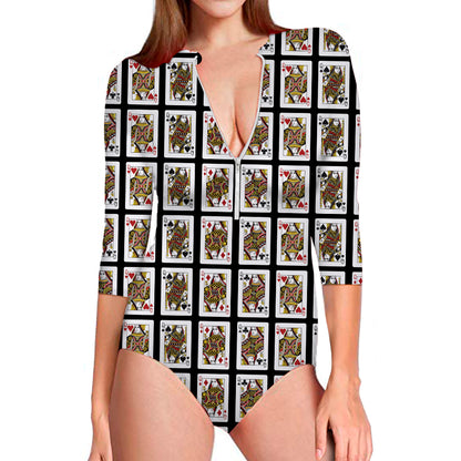 Four Queens Playing Cards Pattern Print Long Sleeve Swimsuit