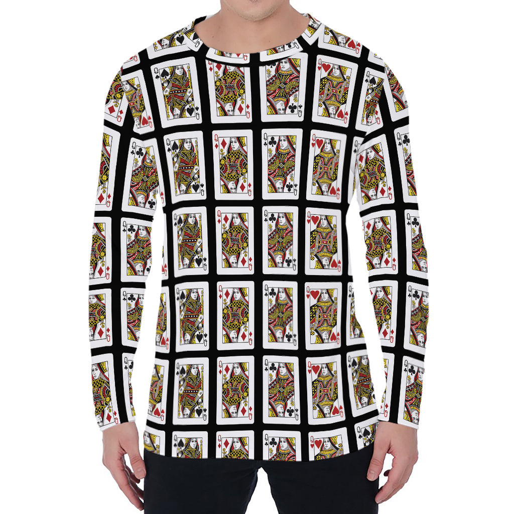 Four Queens Playing Cards Pattern Print Men's Long Sleeve T-Shirt