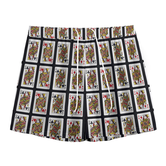 Four Queens Playing Cards Pattern Print Mesh Shorts