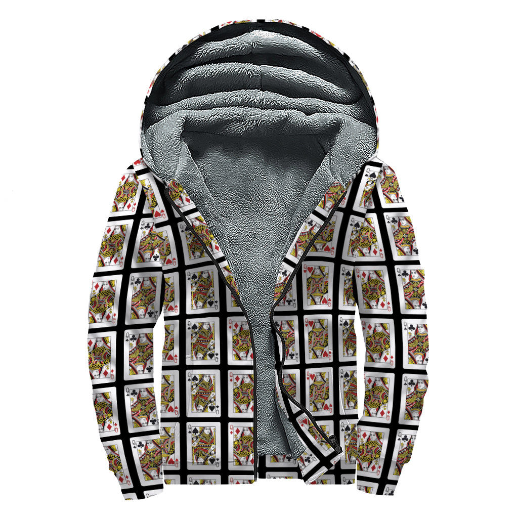 Four Queens Playing Cards Pattern Print Sherpa Lined Zip Up Hoodie