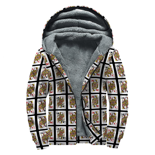 Four Queens Playing Cards Pattern Print Sherpa Lined Zip Up Hoodie