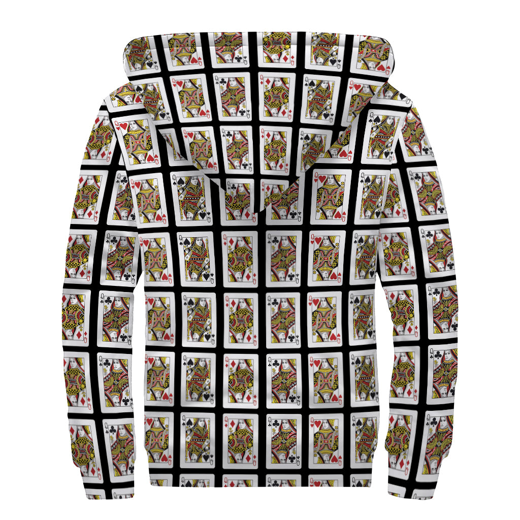 Four Queens Playing Cards Pattern Print Sherpa Lined Zip Up Hoodie