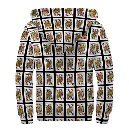 Four Queens Playing Cards Pattern Print Sherpa Lined Zip Up Hoodie