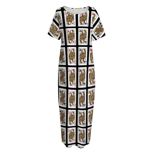 Four Queens Playing Cards Pattern Print Short Sleeve Long Nightdress
