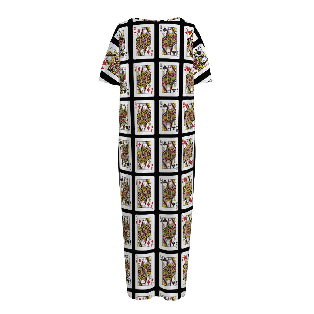 Four Queens Playing Cards Pattern Print Short Sleeve Long Nightdress