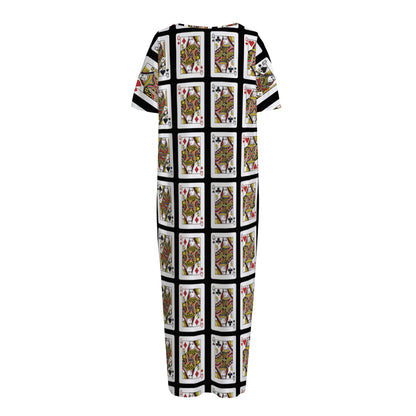 Four Queens Playing Cards Pattern Print Short Sleeve Long Nightdress