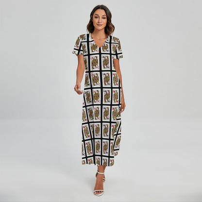 Four Queens Playing Cards Pattern Print Short Sleeve Maxi Dress