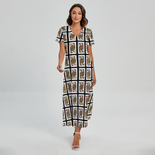 Four Queens Playing Cards Pattern Print Short Sleeve Maxi Dress