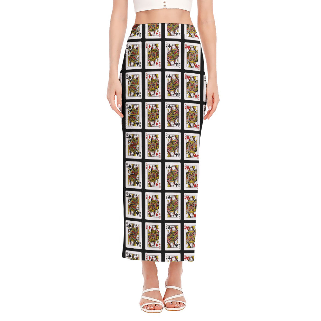 Four Queens Playing Cards Pattern Print Side Slit Maxi Skirt