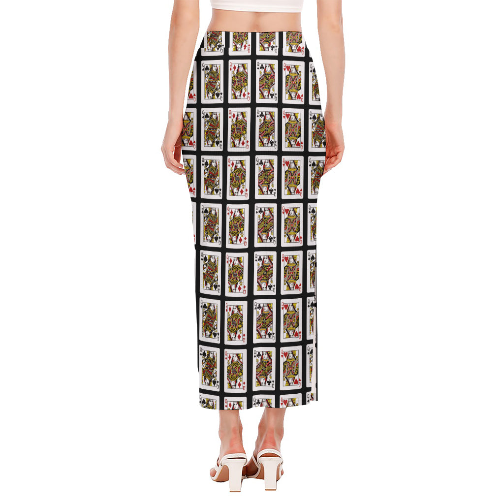 Four Queens Playing Cards Pattern Print Side Slit Maxi Skirt
