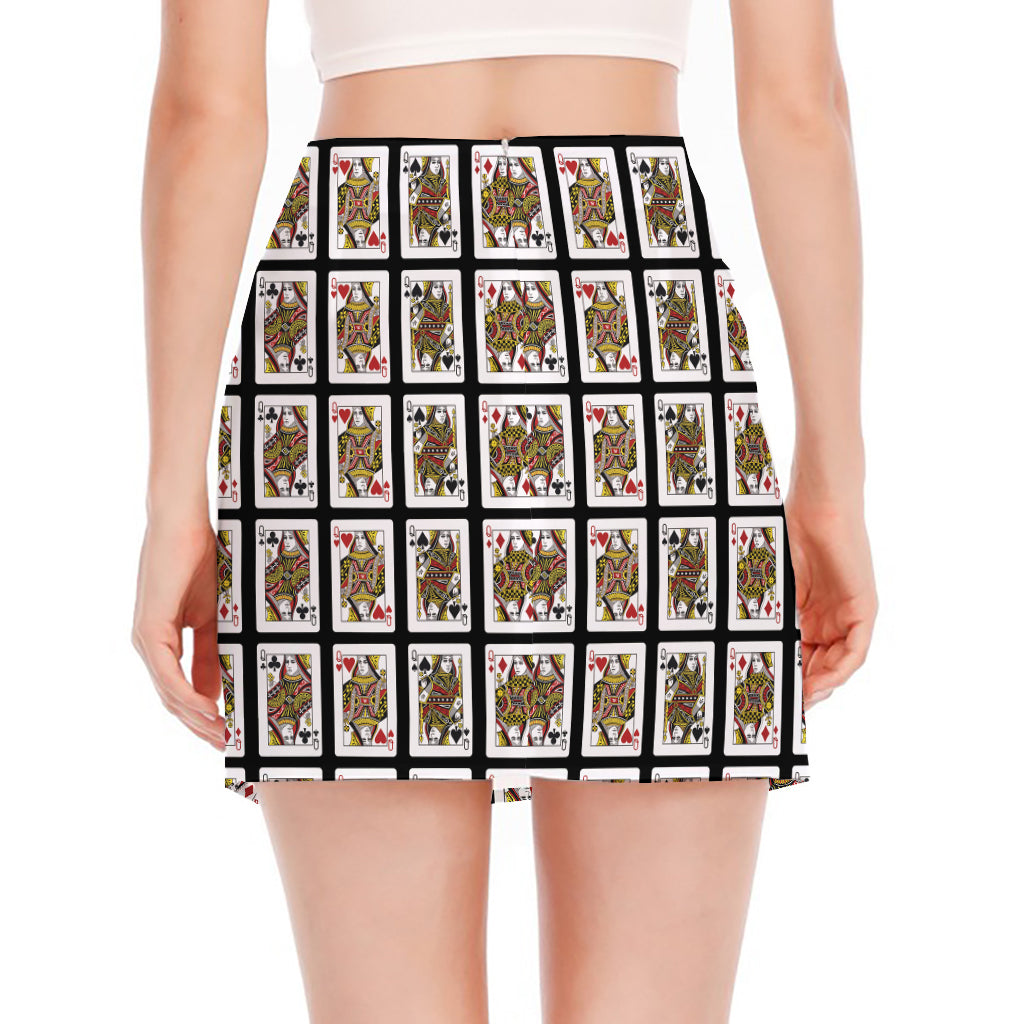 Four Queens Playing Cards Pattern Print Side Slit Mini Skirt