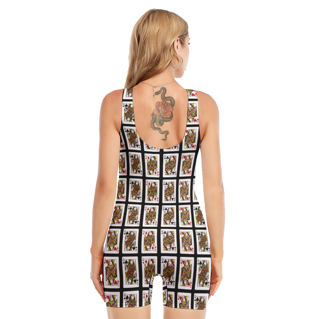 Four Queens Playing Cards Pattern Print Sleeveless One Piece Swimsuit
