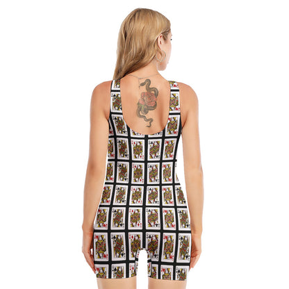 Four Queens Playing Cards Pattern Print Sleeveless One Piece Swimsuit