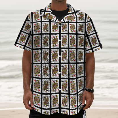 Four Queens Playing Cards Pattern Print Textured Short Sleeve Shirt