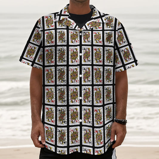 Four Queens Playing Cards Pattern Print Textured Short Sleeve Shirt