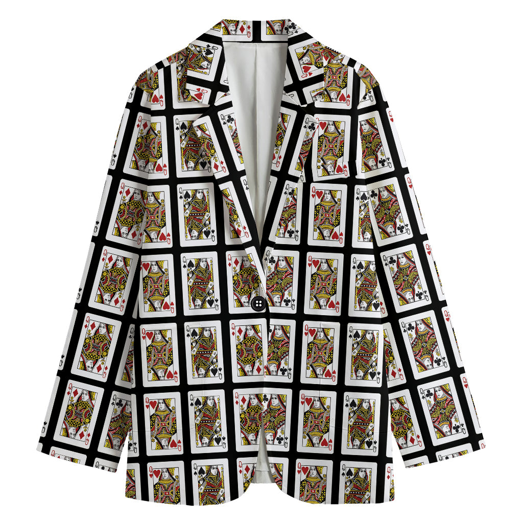Four Queens Playing Cards Pattern Print Women's Cotton Blazer
