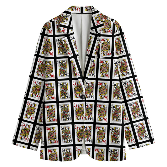 Four Queens Playing Cards Pattern Print Women's Cotton Blazer