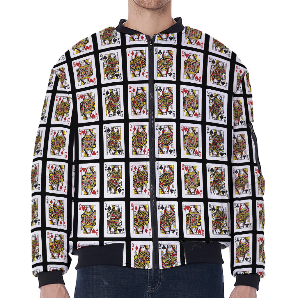 Four Queens Playing Cards Pattern Print Zip Sleeve Bomber Jacket