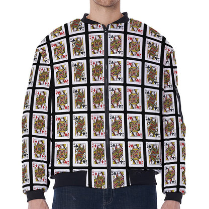 Four Queens Playing Cards Pattern Print Zip Sleeve Bomber Jacket