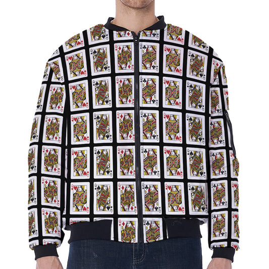 Four Queens Playing Cards Pattern Print Zip Sleeve Bomber Jacket