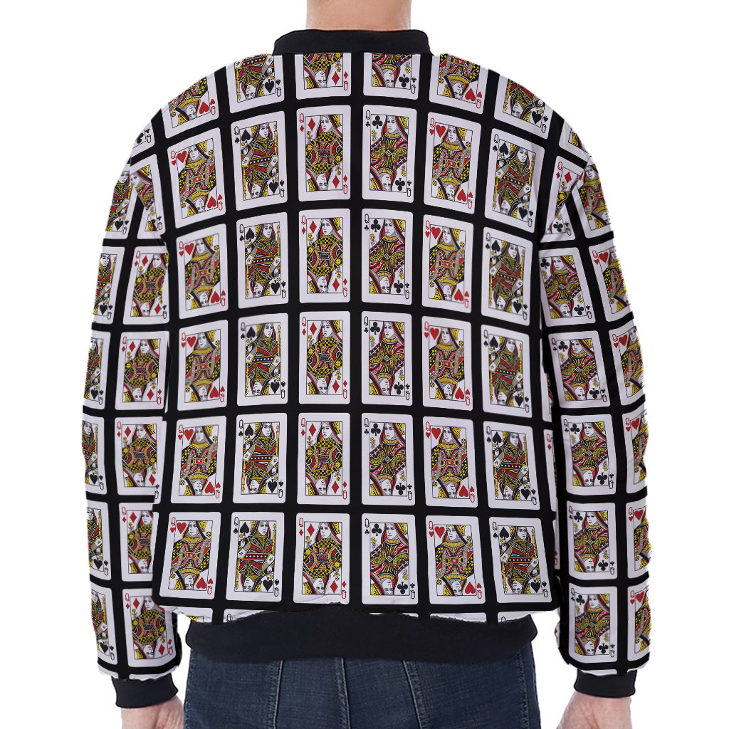 Four Queens Playing Cards Pattern Print Zip Sleeve Bomber Jacket