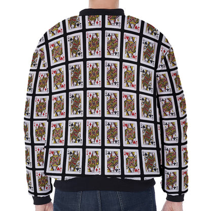 Four Queens Playing Cards Pattern Print Zip Sleeve Bomber Jacket