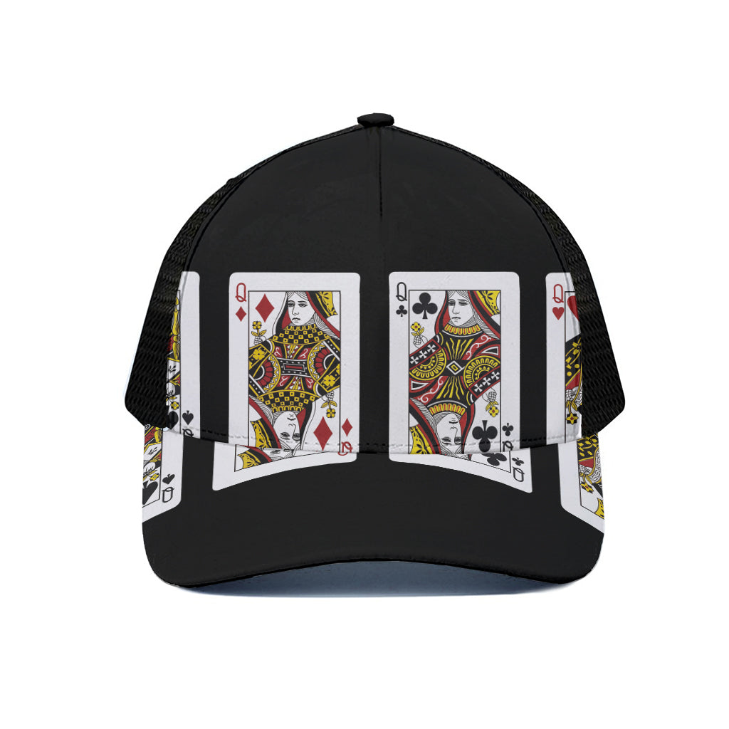 Four Queens Playing Cards Print Black Mesh Trucker Cap