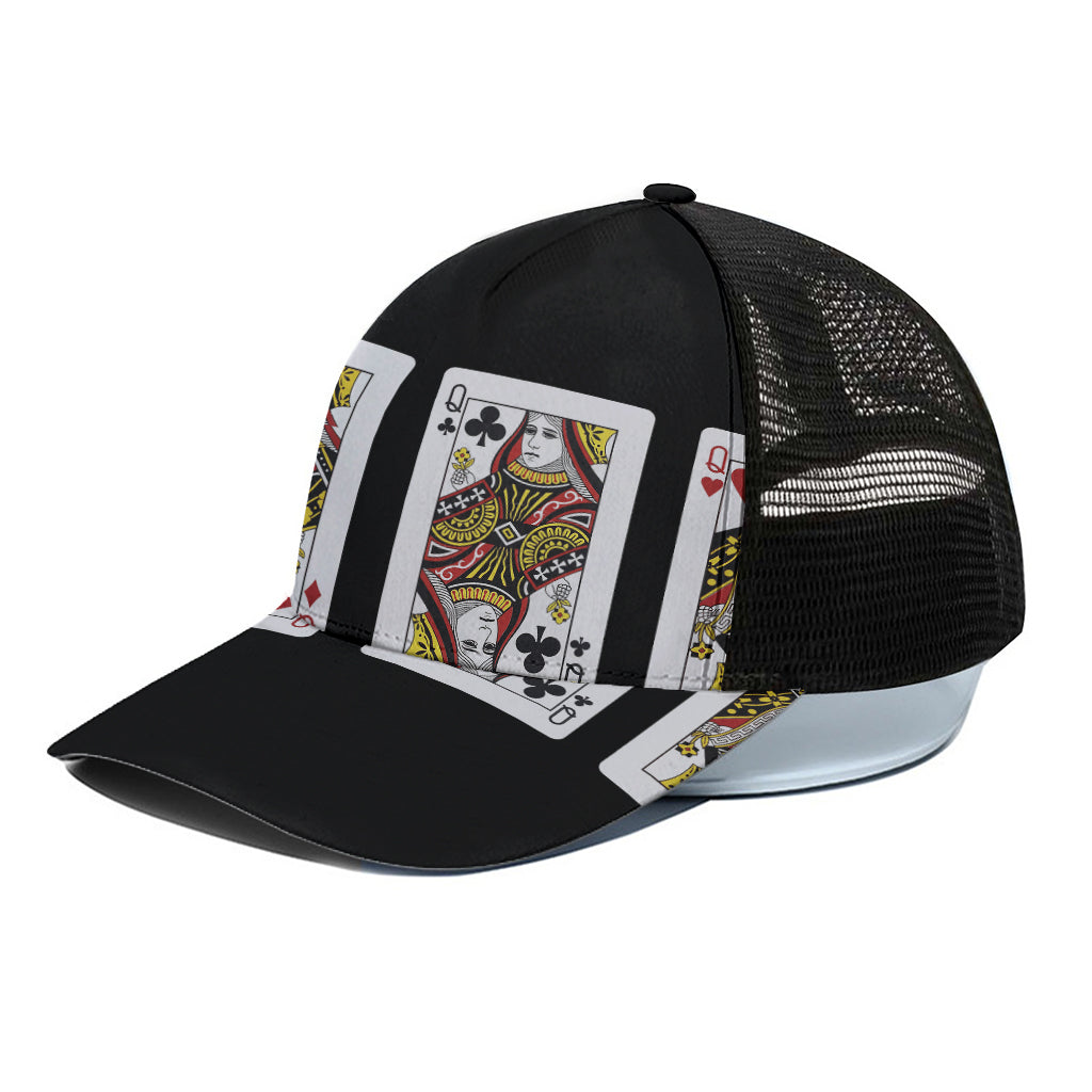 Four Queens Playing Cards Print Black Mesh Trucker Cap