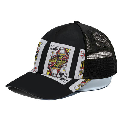 Four Queens Playing Cards Print Black Mesh Trucker Cap