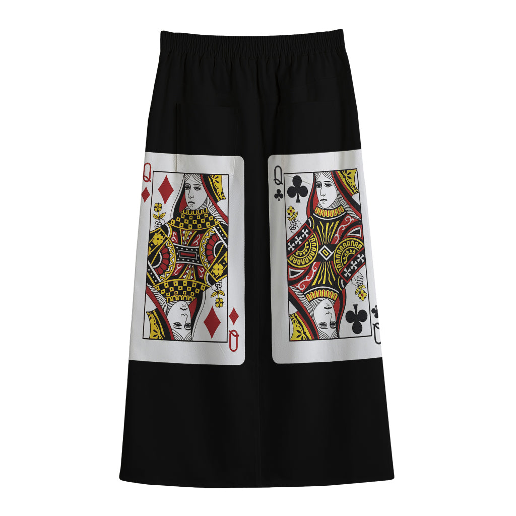 Four Queens Playing Cards Print Cotton Front Slit Maxi Skirt