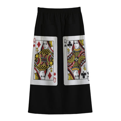 Four Queens Playing Cards Print Cotton Front Slit Maxi Skirt