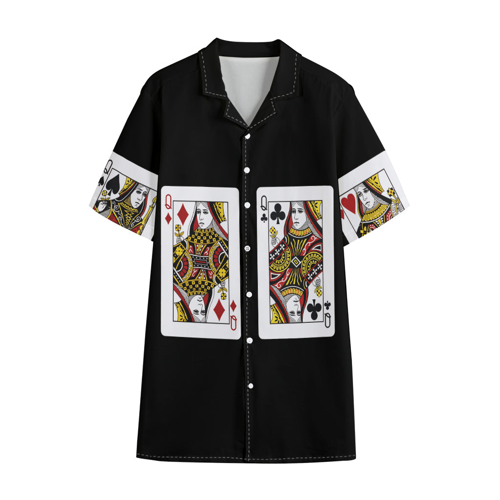 Four Queens Playing Cards Print Cotton Hawaiian Shirt