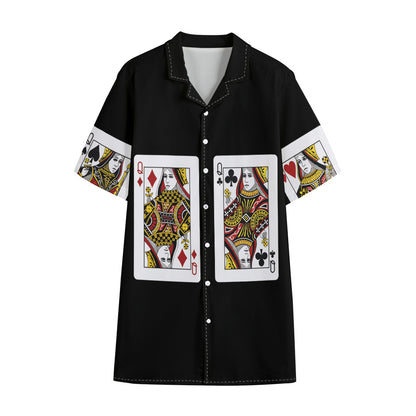Four Queens Playing Cards Print Cotton Hawaiian Shirt