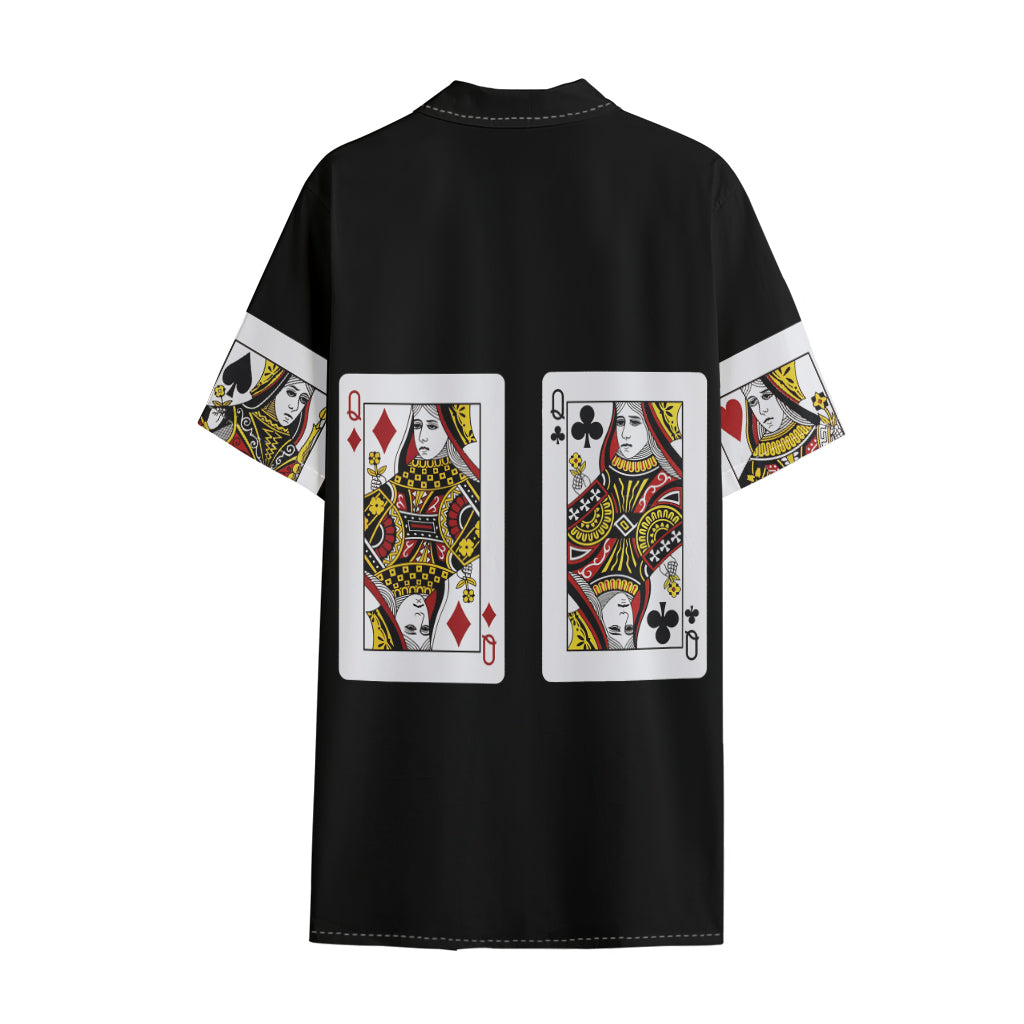 Four Queens Playing Cards Print Cotton Hawaiian Shirt