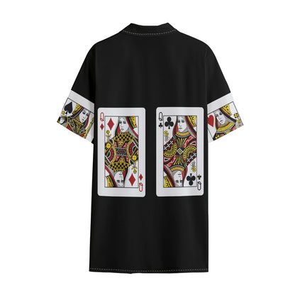 Four Queens Playing Cards Print Cotton Hawaiian Shirt