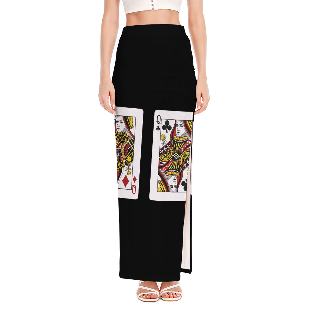 Four Queens Playing Cards Print High Slit Maxi Skirt
