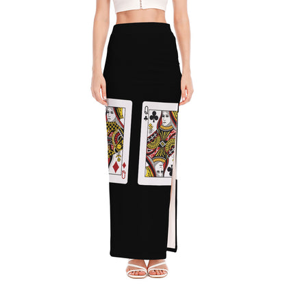 Four Queens Playing Cards Print High Slit Maxi Skirt