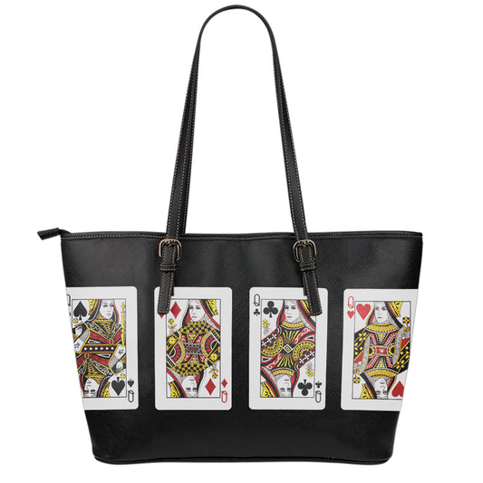 Four Queens Playing Cards Print Leather Tote Bag