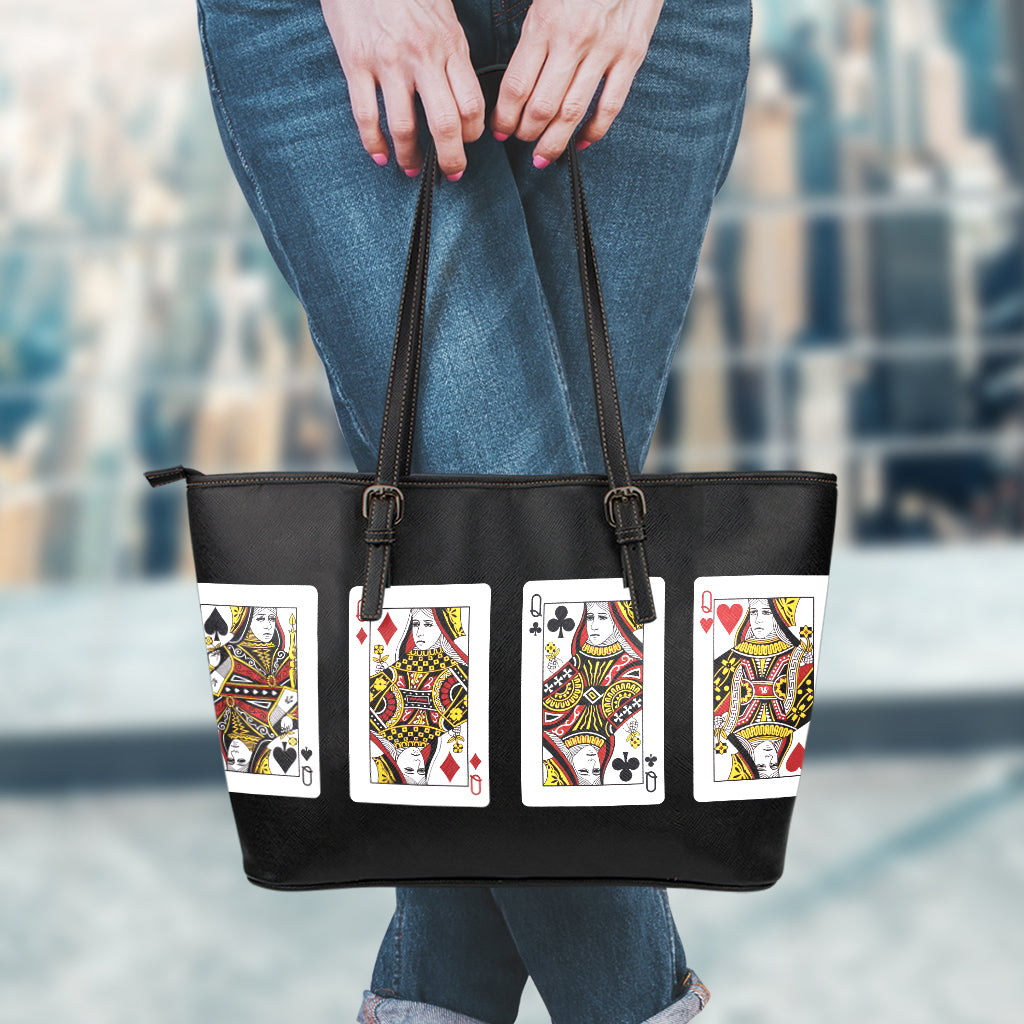 Four Queens Playing Cards Print Leather Tote Bag