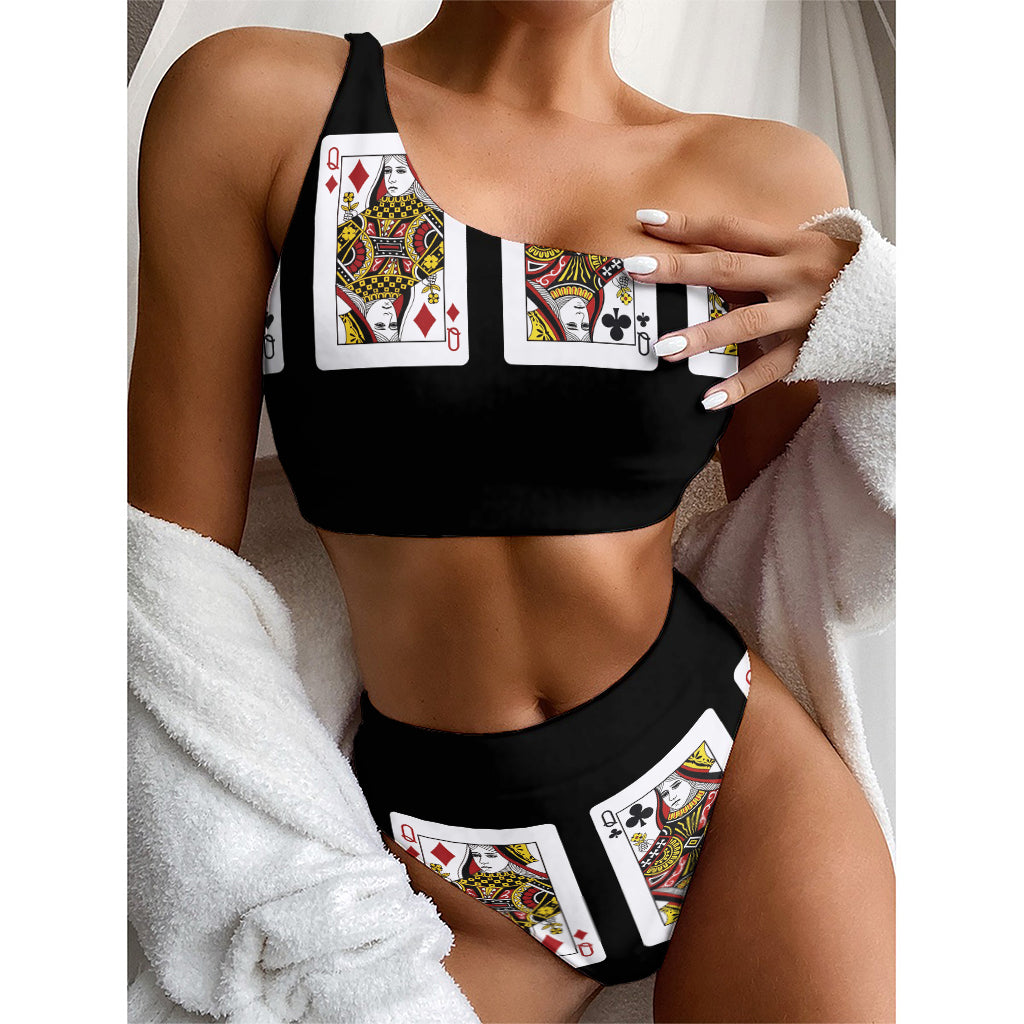 Four Queens Playing Cards Print One Shoulder Bikini Top