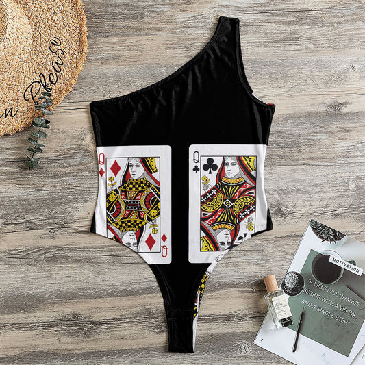 Four Queens Playing Cards Print One Shoulder Bodysuit