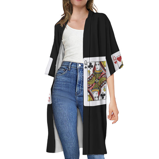 Four Queens Playing Cards Print Open Front Beach Cover Up