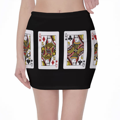 Four Queens Playing Cards Print Pencil Mini Skirt
