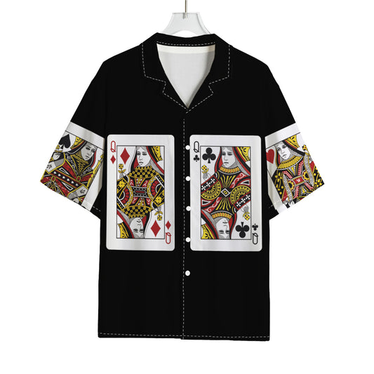 Four Queens Playing Cards Print Rayon Hawaiian Shirt