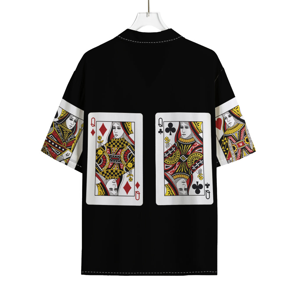 Four Queens Playing Cards Print Rayon Hawaiian Shirt