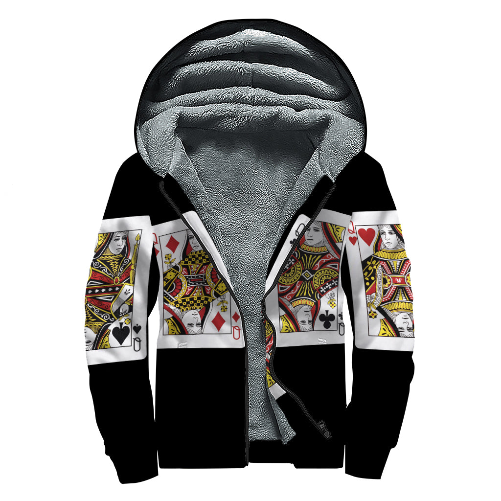 Four Queens Playing Cards Print Sherpa Lined Zip Up Hoodie