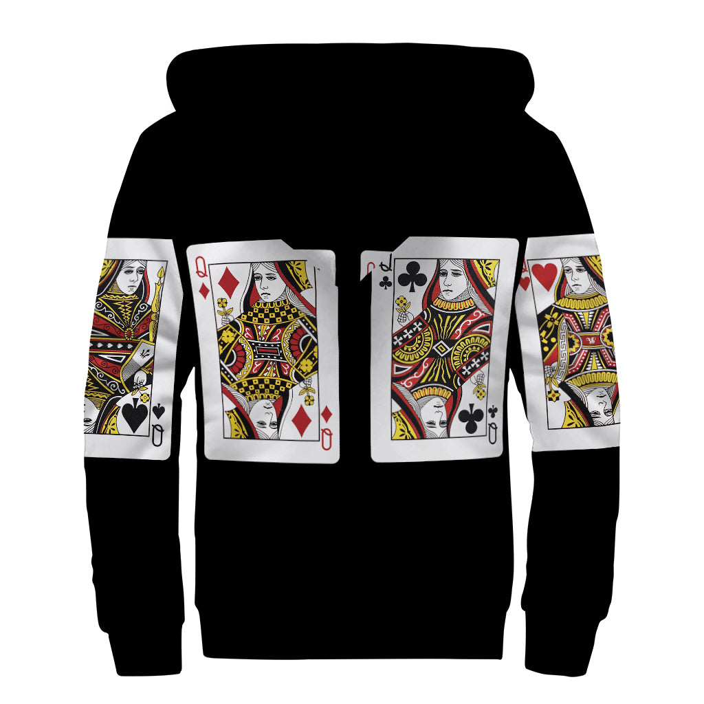 Four Queens Playing Cards Print Sherpa Lined Zip Up Hoodie