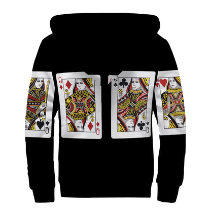 Four Queens Playing Cards Print Sherpa Lined Zip Up Hoodie