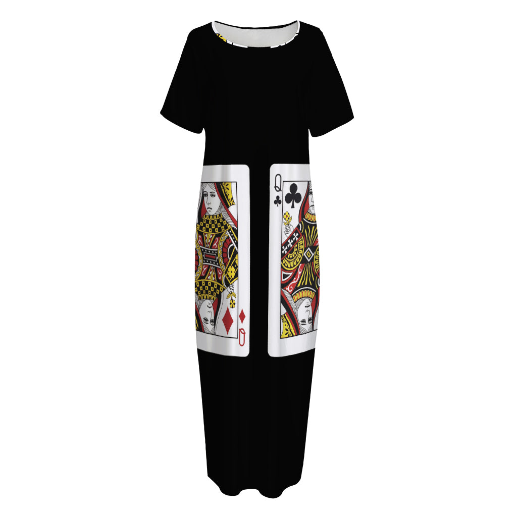 Four Queens Playing Cards Print Short Sleeve Long Nightdress