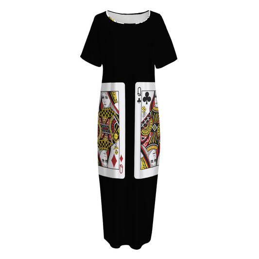 Four Queens Playing Cards Print Short Sleeve Long Nightdress